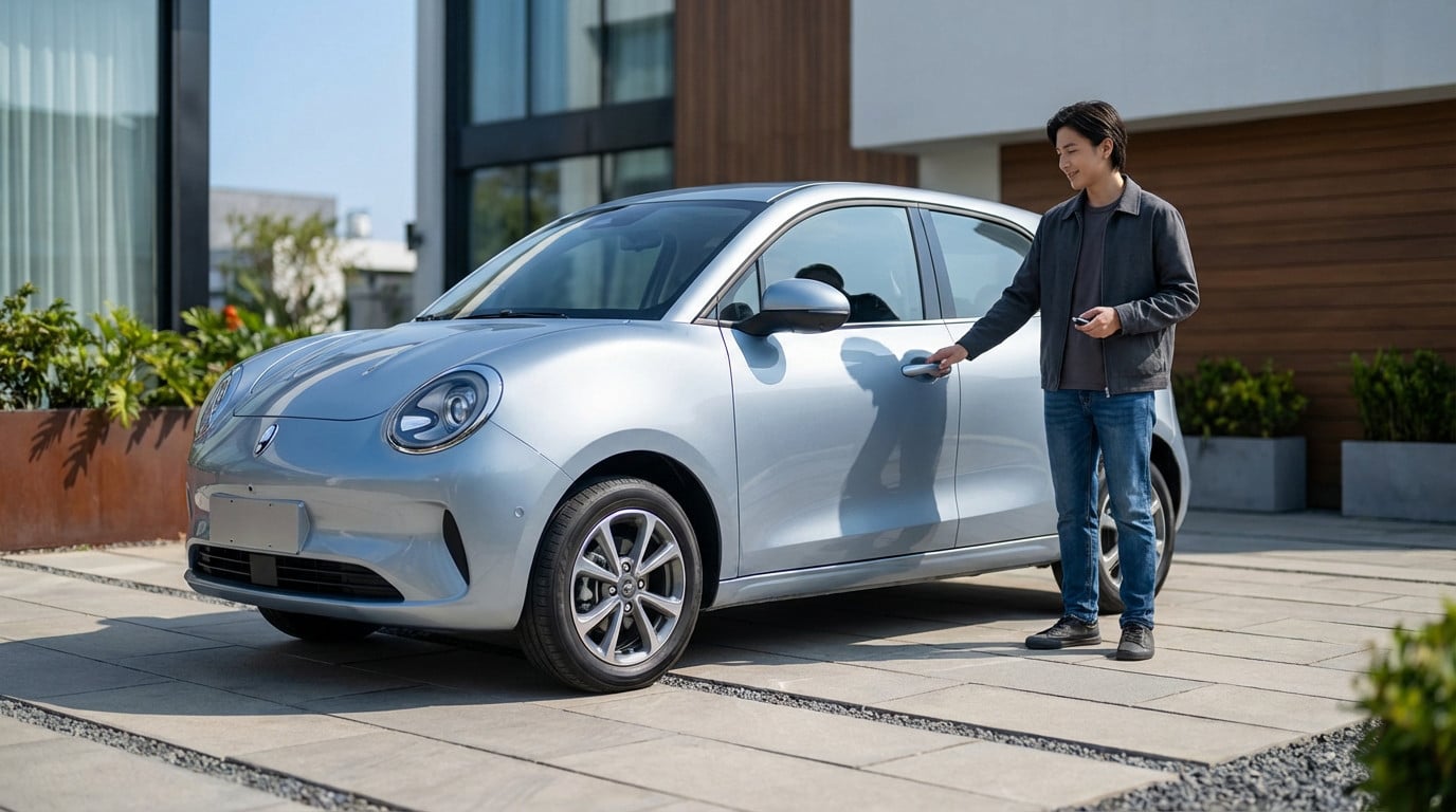 A young adult stands by a sleek, light blue compact electric car on a modern paved driveway, hand on door, key fob in hand.