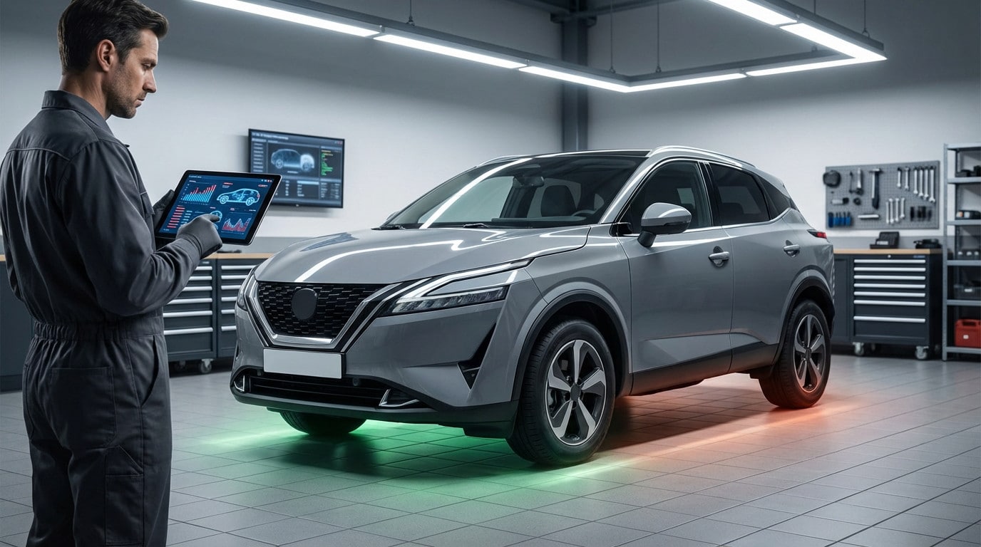Technician uses tablet to assess a modern grey SUV in a service bay, with green light indicating good aspects and orange light showing potential issues.