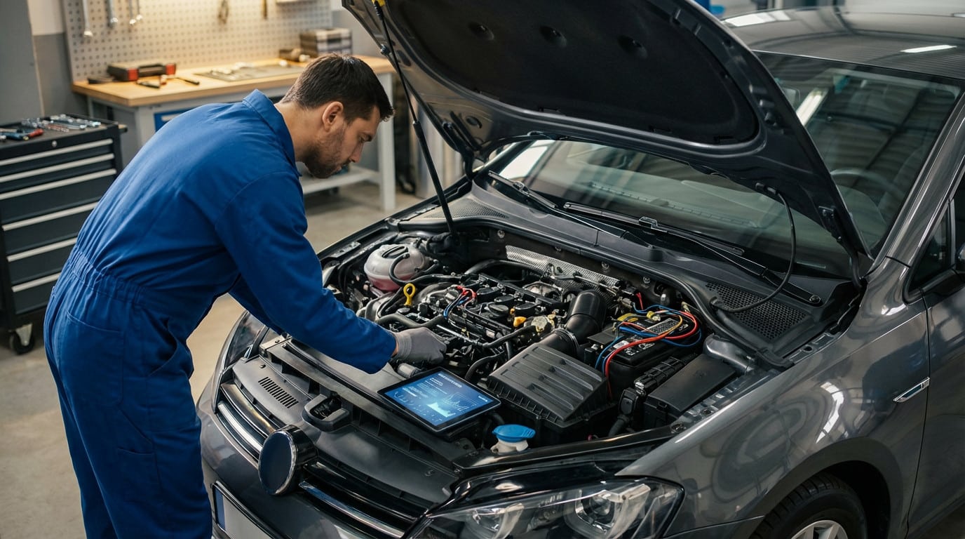 A mechanic in a blue jumpsuit examines a modern car's engine bay with a digital diagnostic tablet, displaying data, in a clean garage.