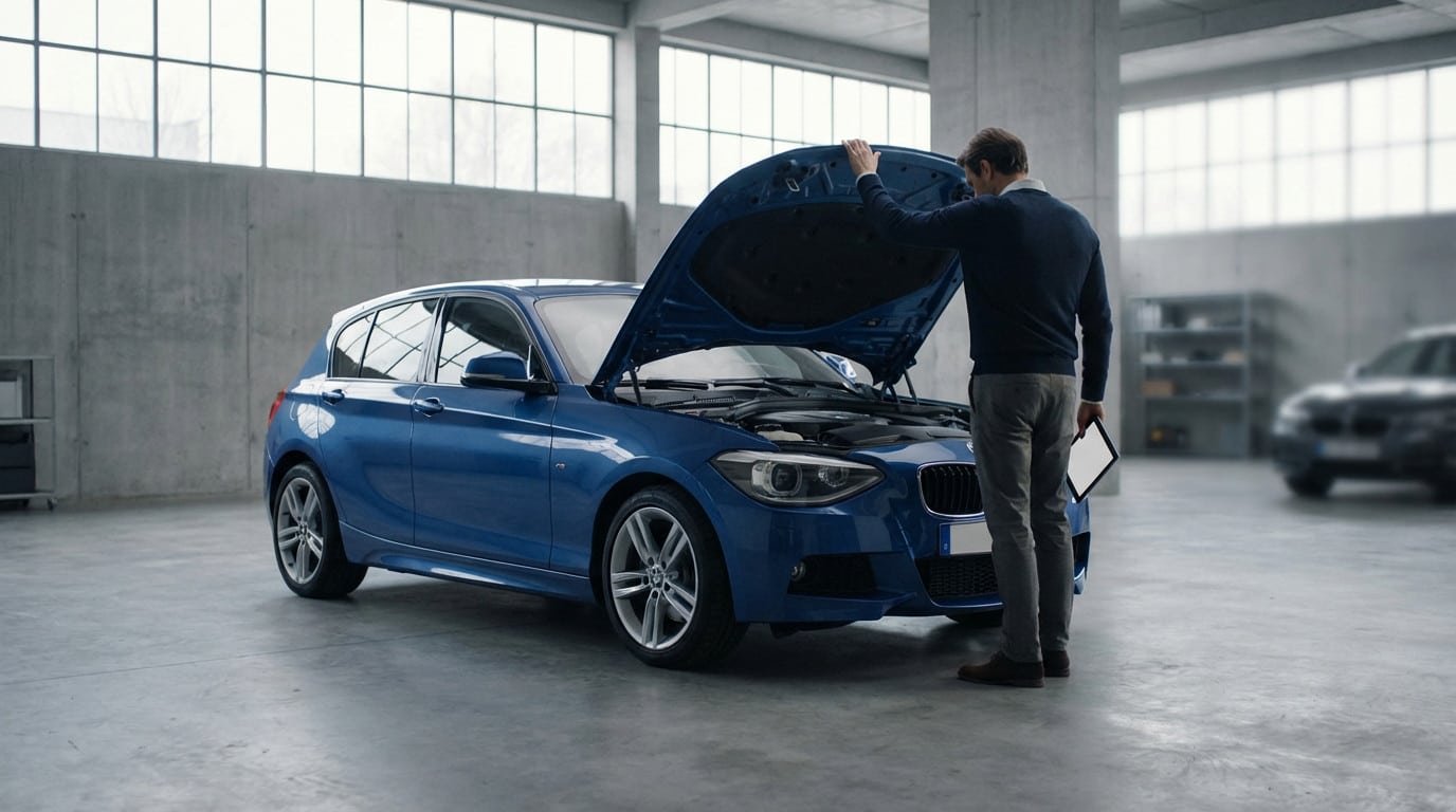 A man thoughtfully examines a blue BMW 1 Series with its hood open, holding a blank tablet in a well-lit modern garage.