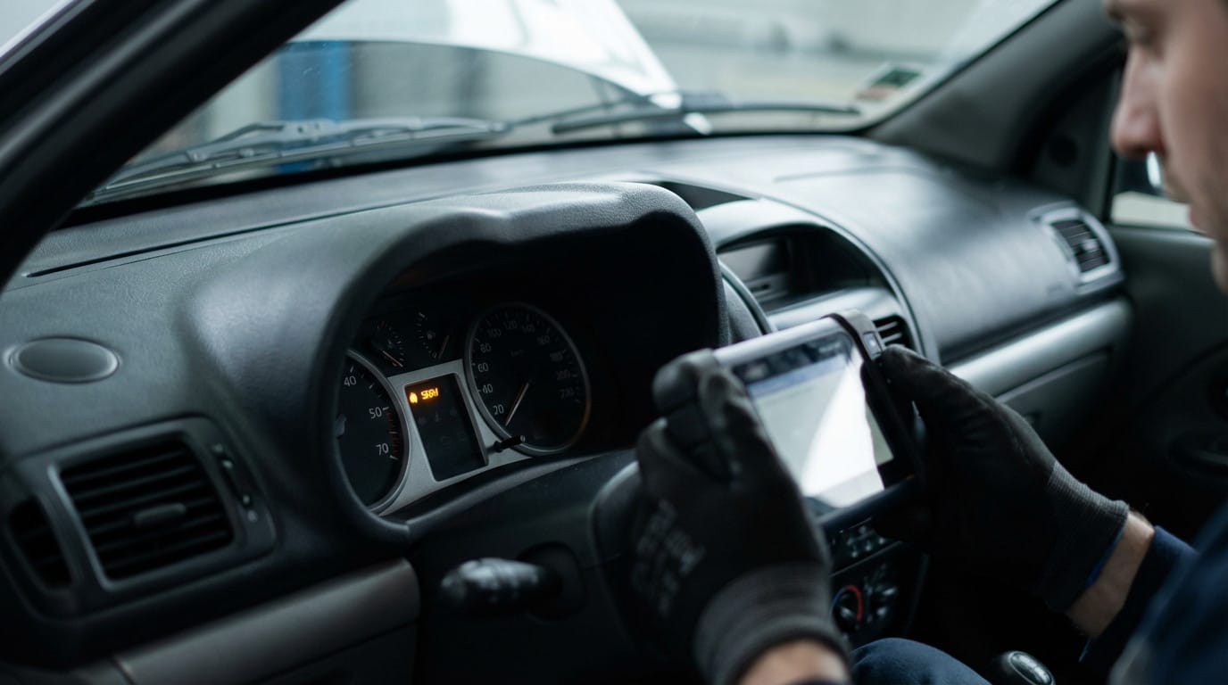 Car dashboard with illuminated orange 'SERV' light. A gloved person holds a diagnostic device, engaged in problem-solving.