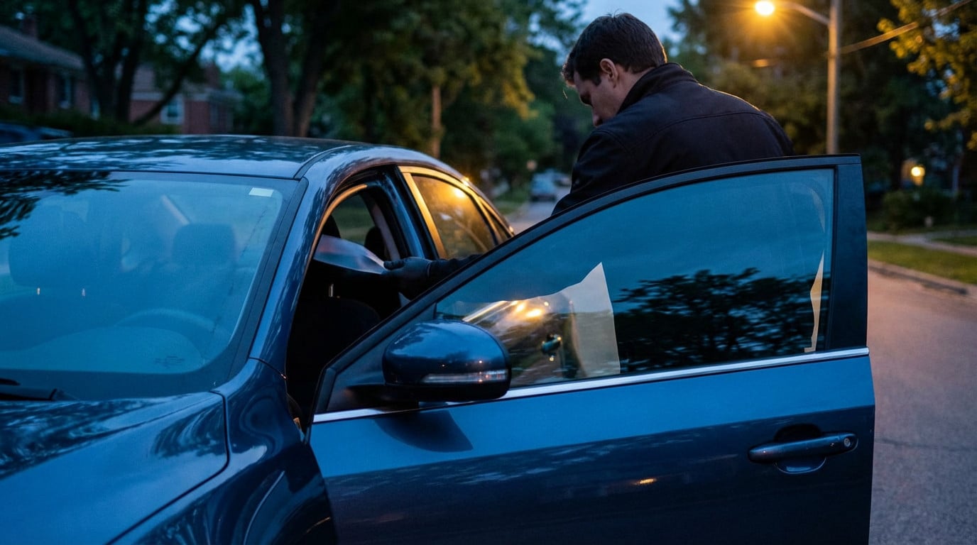 Individual leaning into an open dark blue car door at dusk, hands gloved, focused on a car emergency, lit by a street lamp.