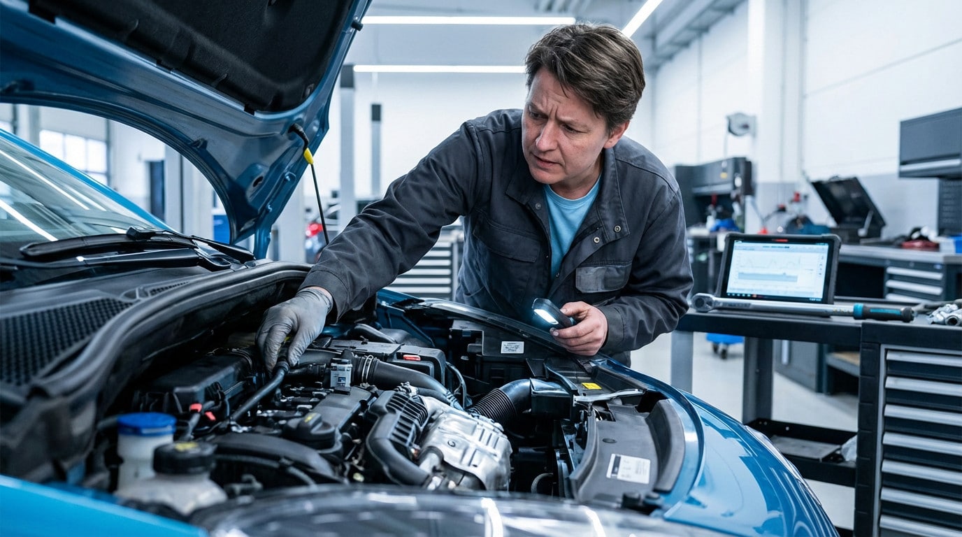 A technician in a grey jacket and blue shirt inspects a metallic blue car's open engine bay with a flashlight. A diagnostic tablet is visible.