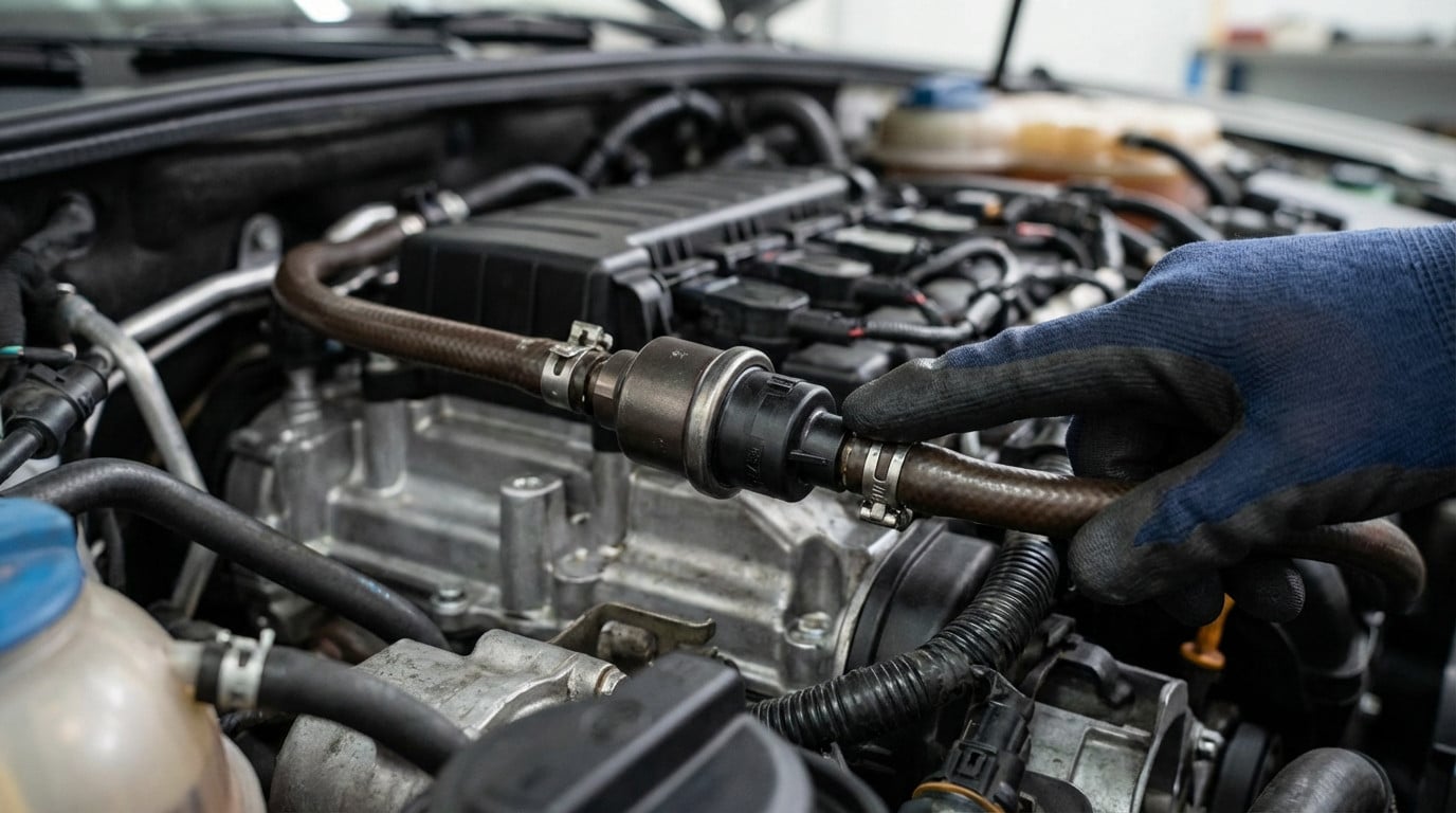 A gloved hand points to a car's non-return valve (clapet anti-retour) within a detailed, clean engine compartment, highlighting inspection.