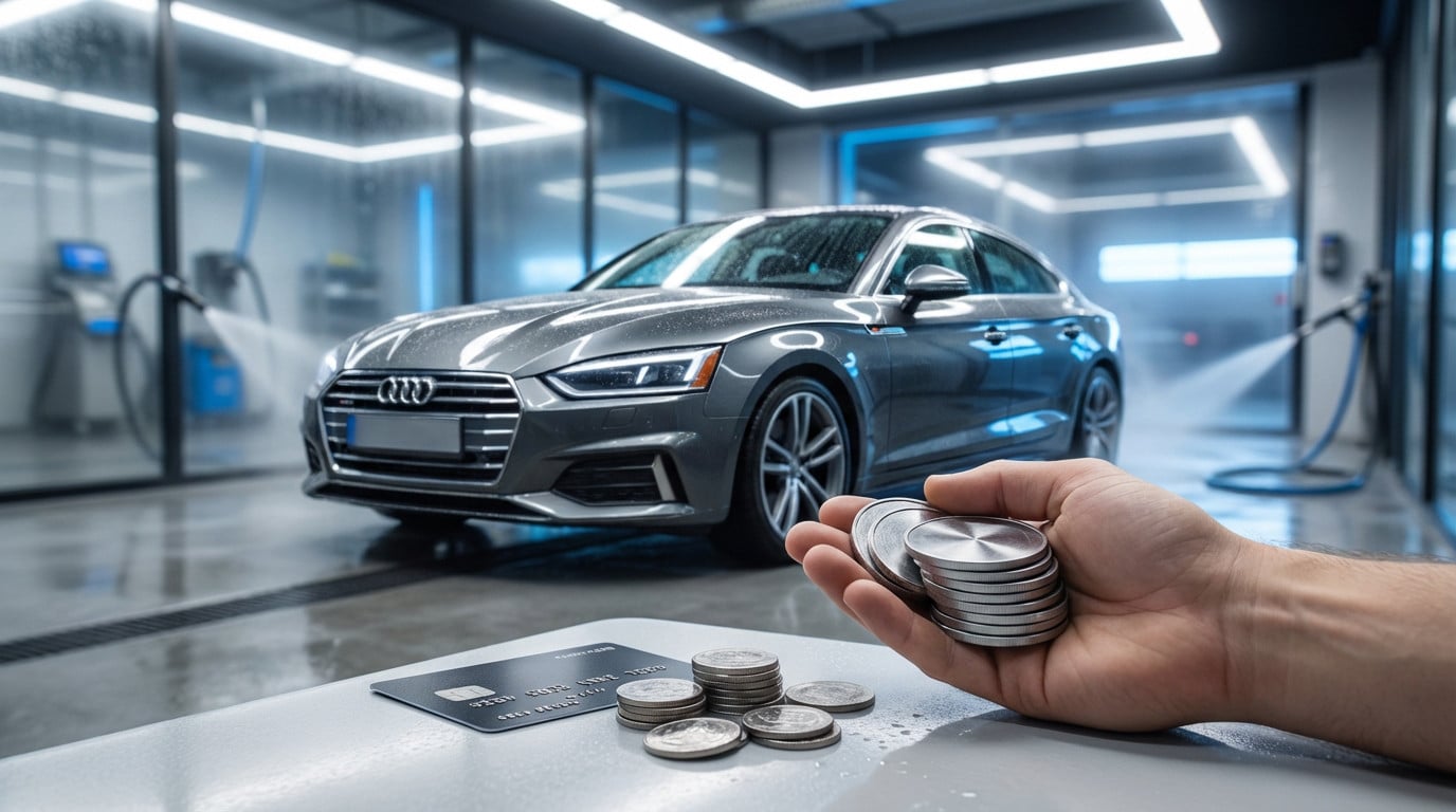 Close-up of a hand holding metallic car wash tokens, with a credit card and coins on a surface. A clean grey car is in a modern car wash bay.