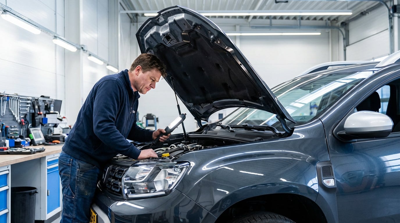 Man in blue work jacket carefully inspects a dark grey Dacia Duster's engine bay with a light in a clean garage.