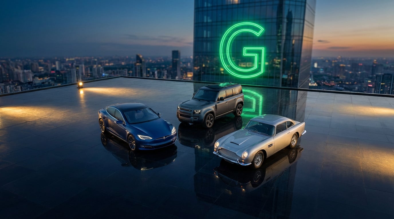 Three diverse cars (blue electric sedan, grey SUV, silver classic sports car) on a reflective rooftop with a neon 'G' on a blurred city building at dusk.