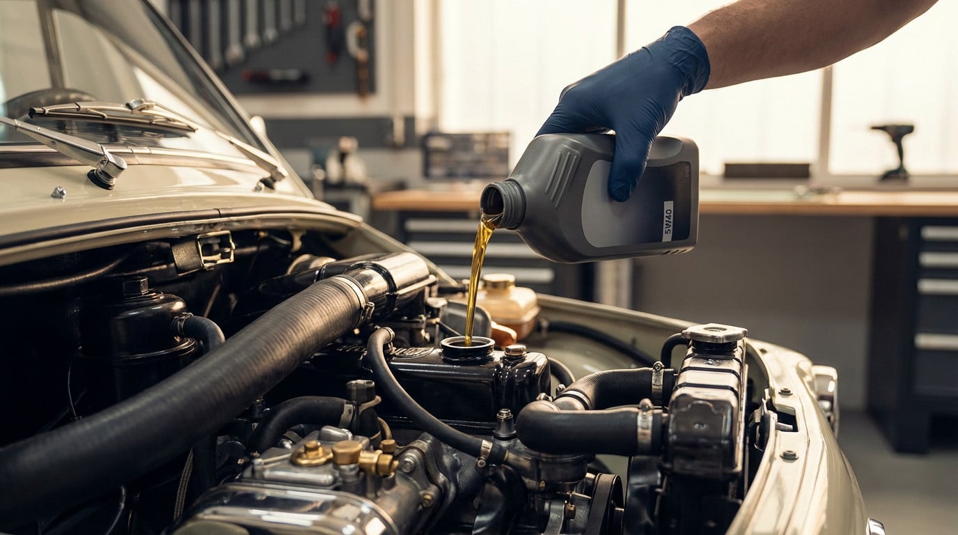 Hand in blue glove pouring golden 5W40 oil into a classic Fiat 500 engine. Meticulous maintenance in a workshop.