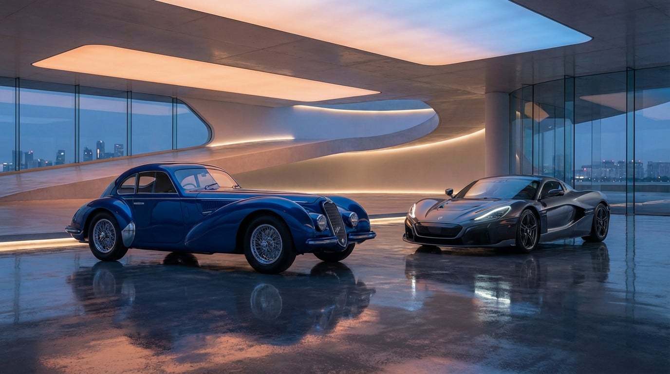 Dynamic shot of a blue classic coupe and a grey electric hypercar in a modern, lit showroom with reflections and city views.