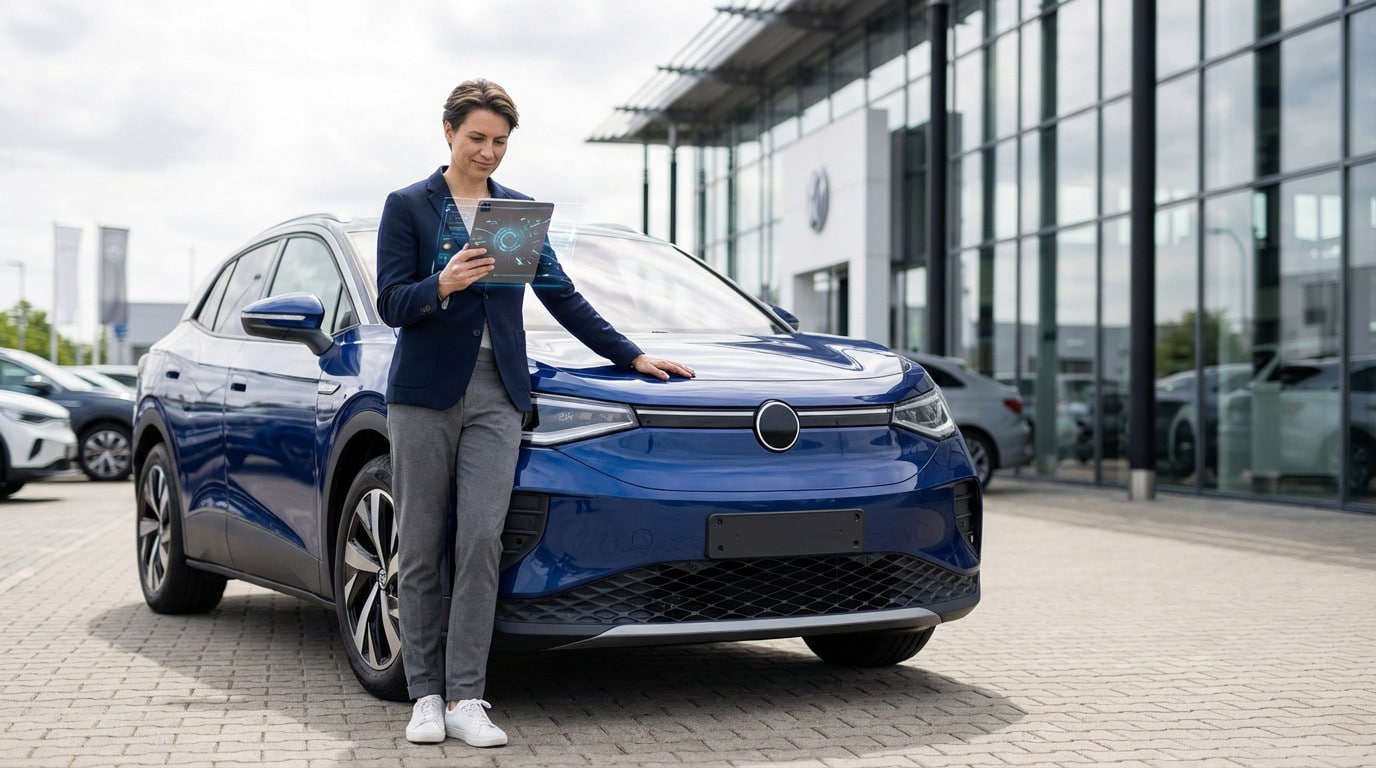 A woman in smart casual attire stands confidently by a deep blue electric SUV, reviewing a tablet with a thoughtful expression at a modern dealership.