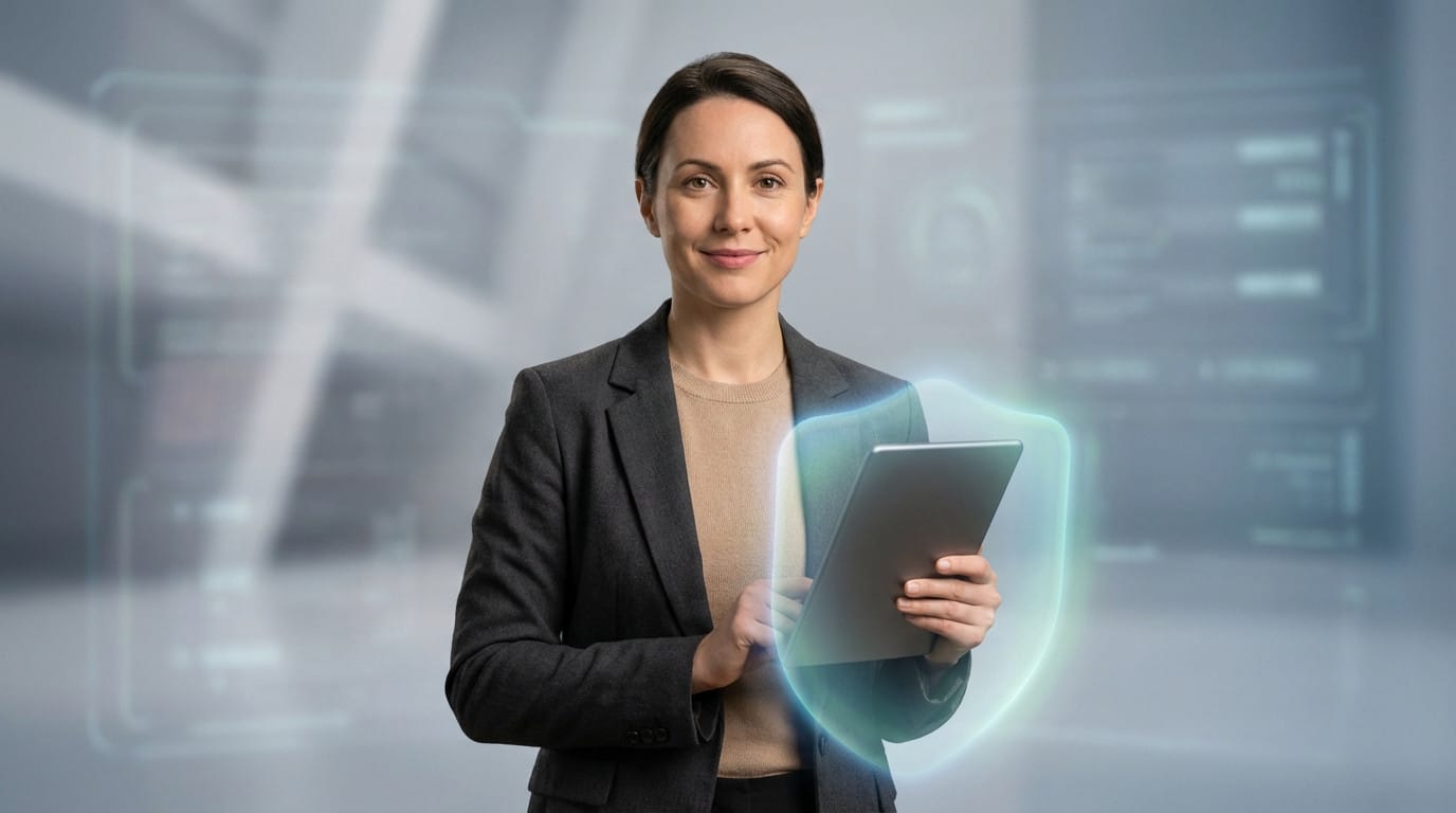 A professional woman confidently holds a tablet with a glowing blue-green shield, symbolizing consumer protection in a modern digital environment.