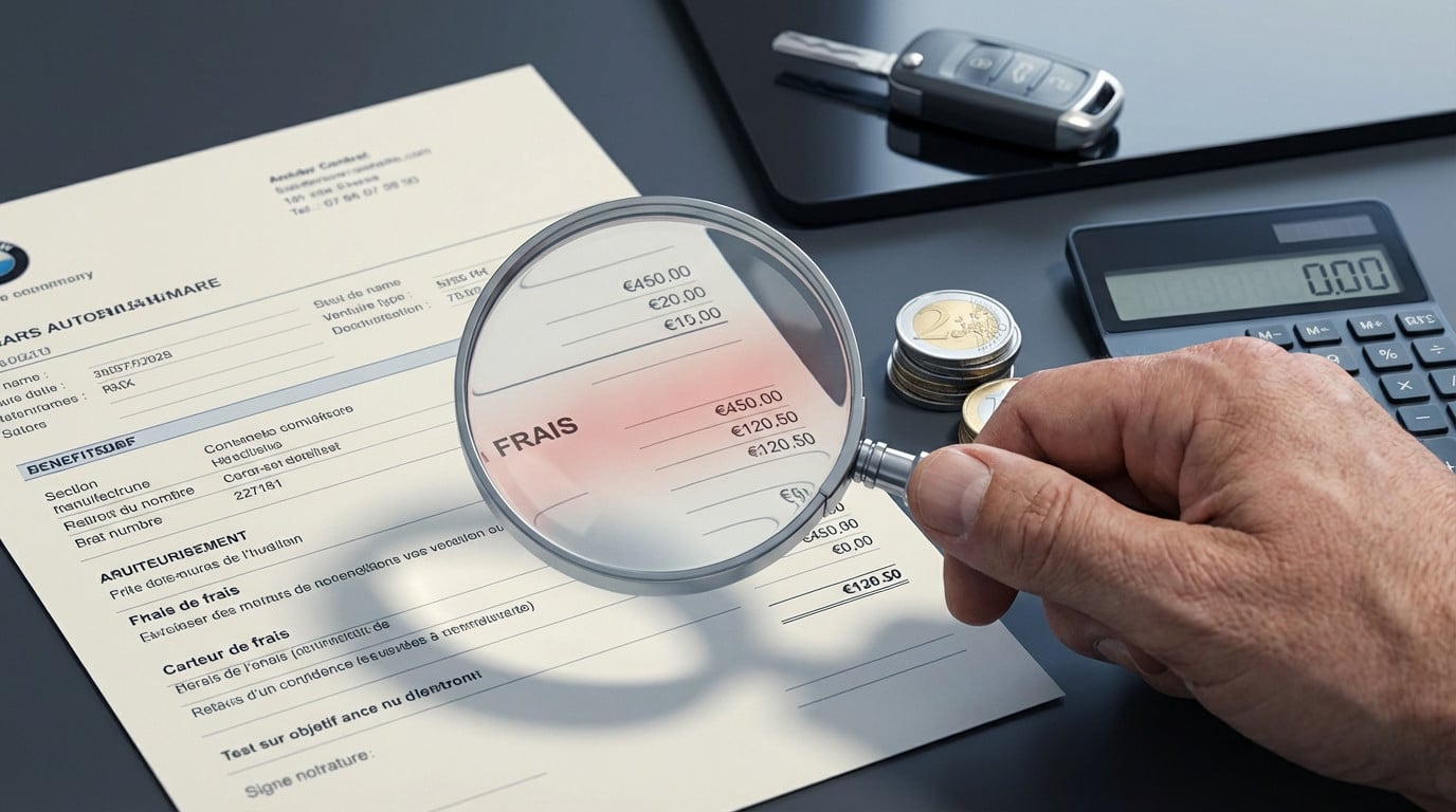 Main tenant une loupe sur un contrat auto, soulignant des "frais" en rouge. Pièces, calculatrice et clé de voiture visibles.