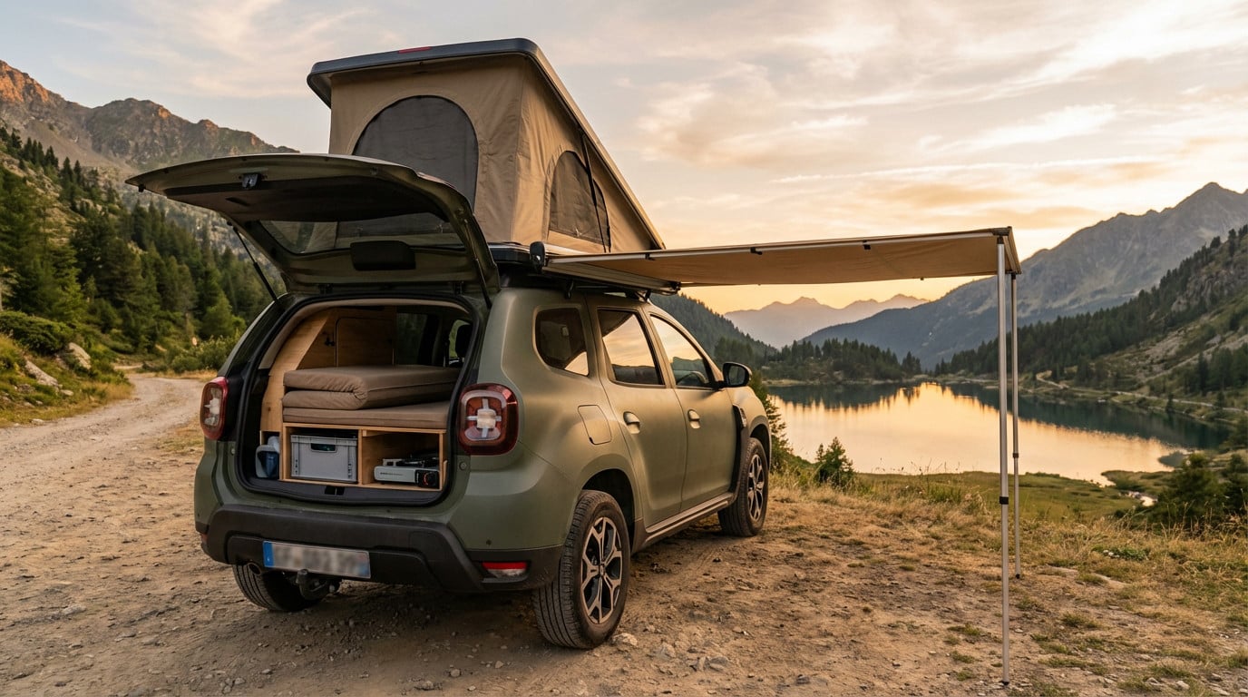Dacia Duster camper with rooftop tent and extended awning on a dirt track by a mountain lake at golden hour. Rear hatch open, showing interior.