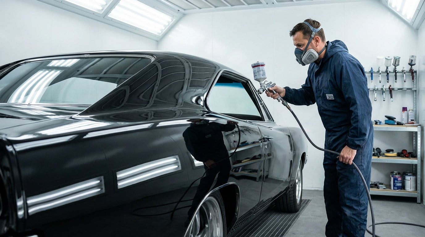 A skilled technician in a mask and overalls sprays a classic black car in a professional auto body shop, highlighting its gleaming, perfect finish.