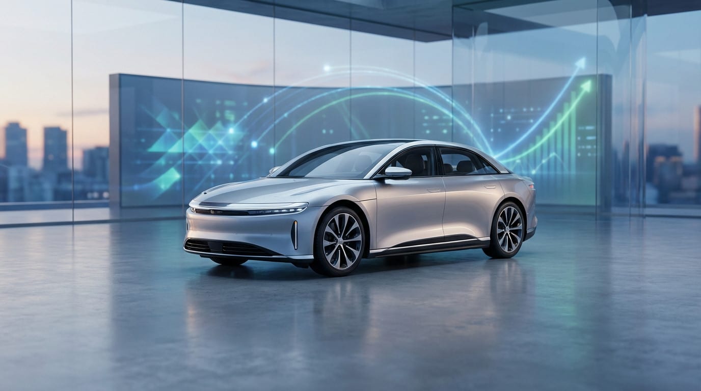 Sleek silver futuristic sedan in a modern showroom with glowing blue and green data visuals, city skyline background.