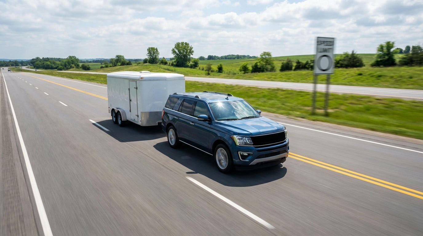Dark blue SUV towing white trailer on a multi-lane highway. Dynamic rear-quarter view in motion, bright day, green landscape, blurry speed sign.