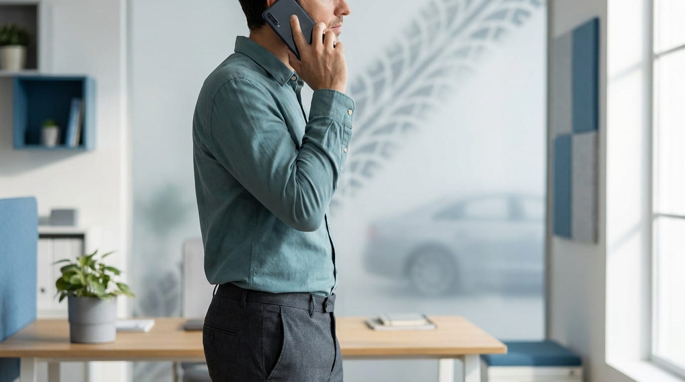 Side profile of a person on a phone call in a modern office. Blurred tire tread and car in background hint at automotive service.