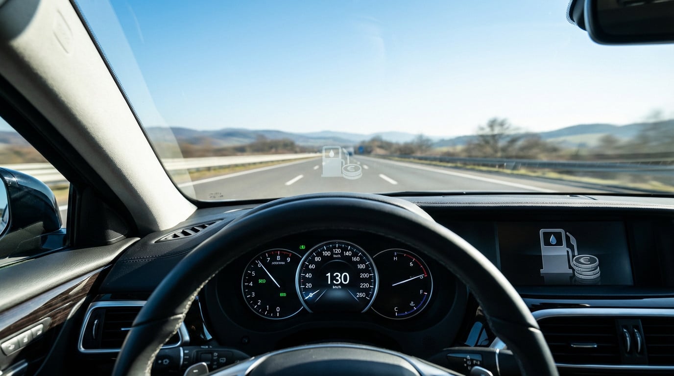 Driver's view of a modern car dashboard showing 130 km/h, low RPM, and an open highway. Fuel pump and euro coin icons suggest efficiency.