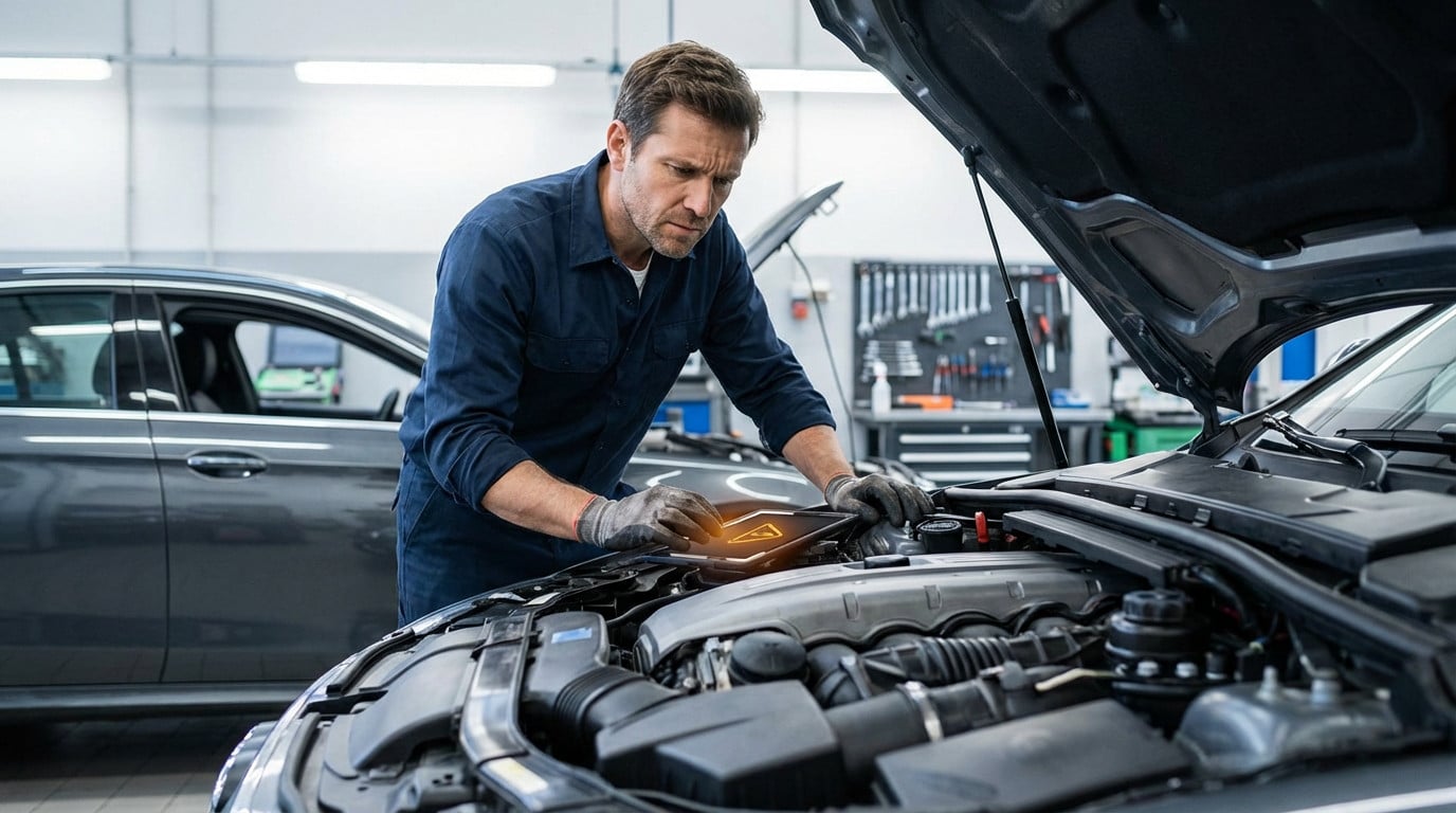 A male mechanic in gloves uses a diagnostic tablet with a warning symbol while inspecting a car engine in a bright workshop.