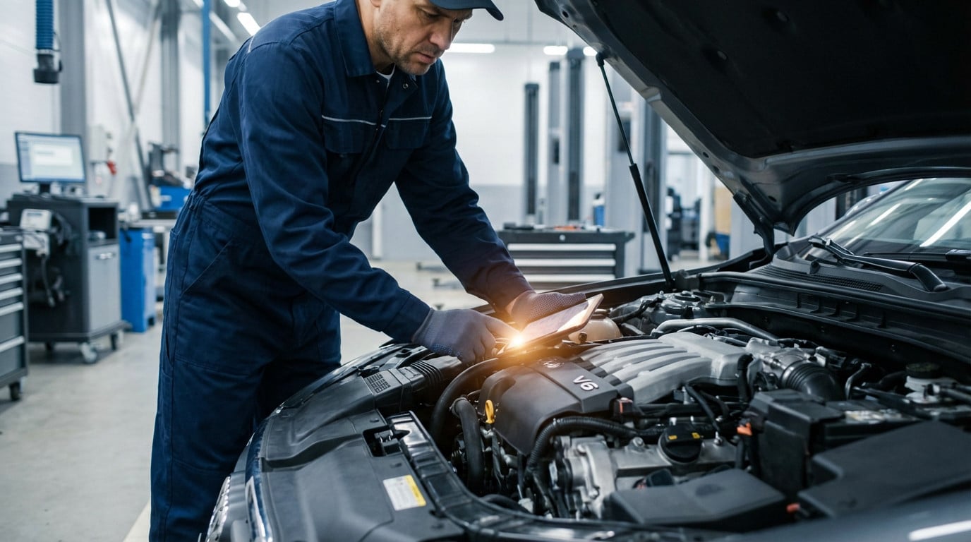 A mechanic in blue overalls uses a glowing diagnostic tablet to carefully inspect a complex car engine in a clean, well-lit garage service bay.