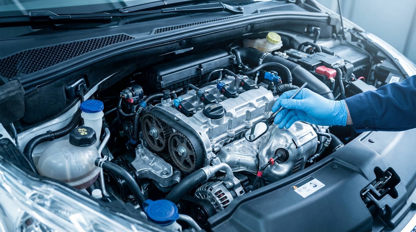 Close-up of a modern car engine compartment during a detailed inspection. A gloved hand uses a mirror to examine the timing belt area, highlighting precision and reliability.
