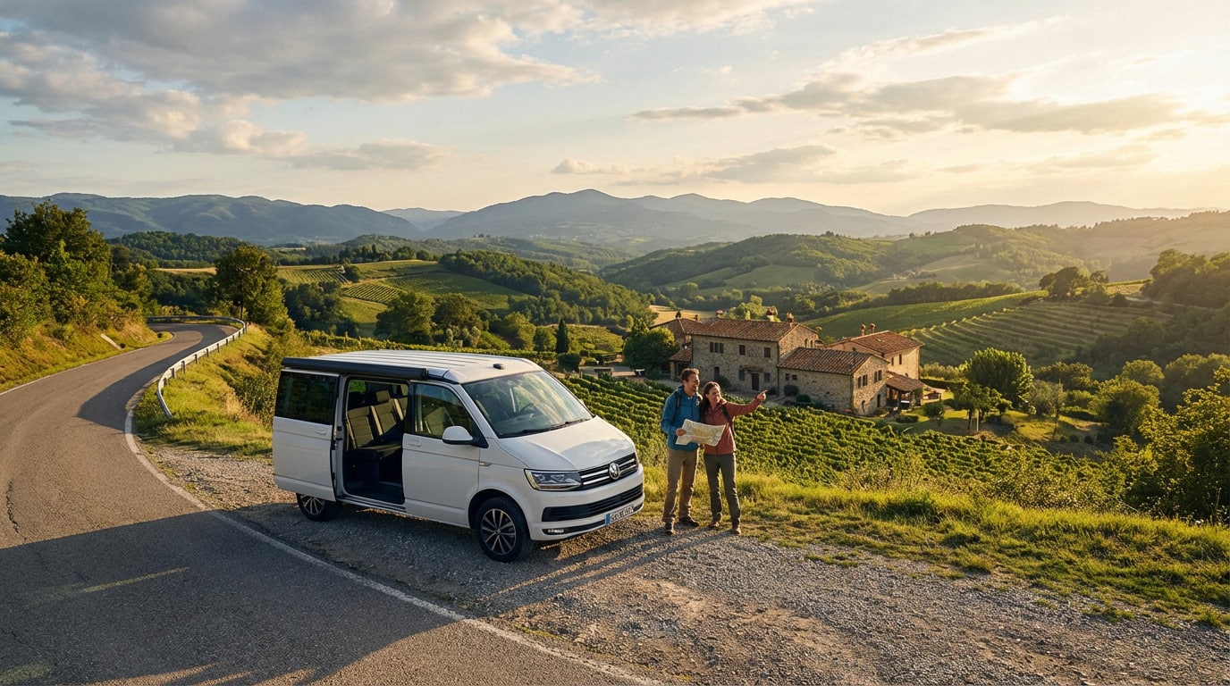 A white camper van and a couple with a map on a winding European road overlooking a village, vineyards, and hills at golden hour.