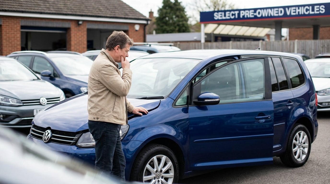 Man thoughtfully inspects a blue Volkswagen Touran MPV at a used car lot, hood slightly open, showing careful consideration.