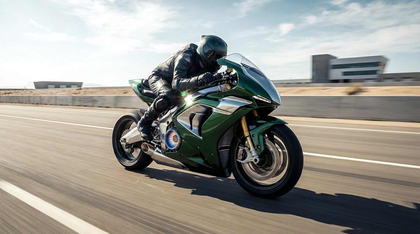 A sleek, deep green futuristic motorcycle with a rider in a black suit blurs past on a sunny test track, emphasizing extreme speed.