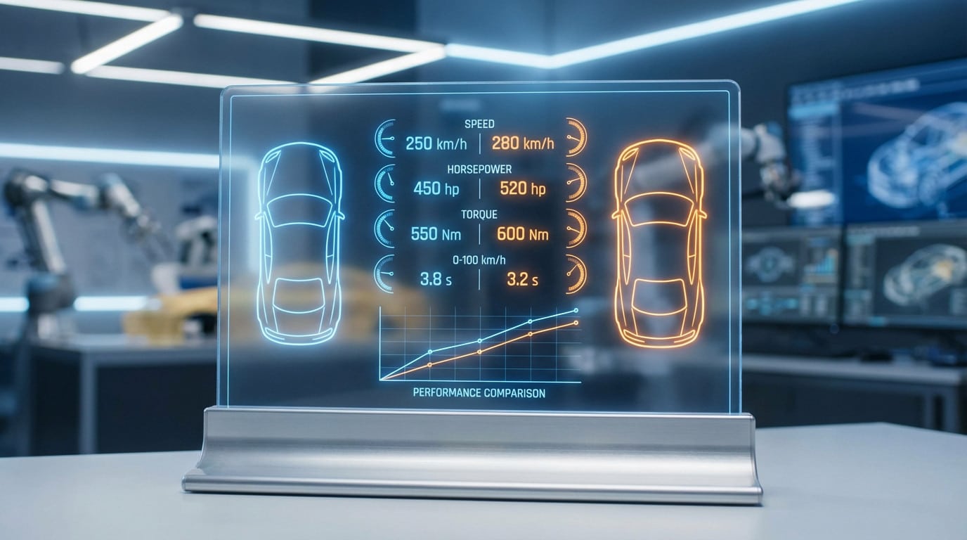 Holographic display comparing two cars: blue (250 km/h, 450 hp, 550 Nm, 3.8s) vs orange (280 km/h, 520 hp, 600 Nm, 3.2s). Blurred high-tech garage background.