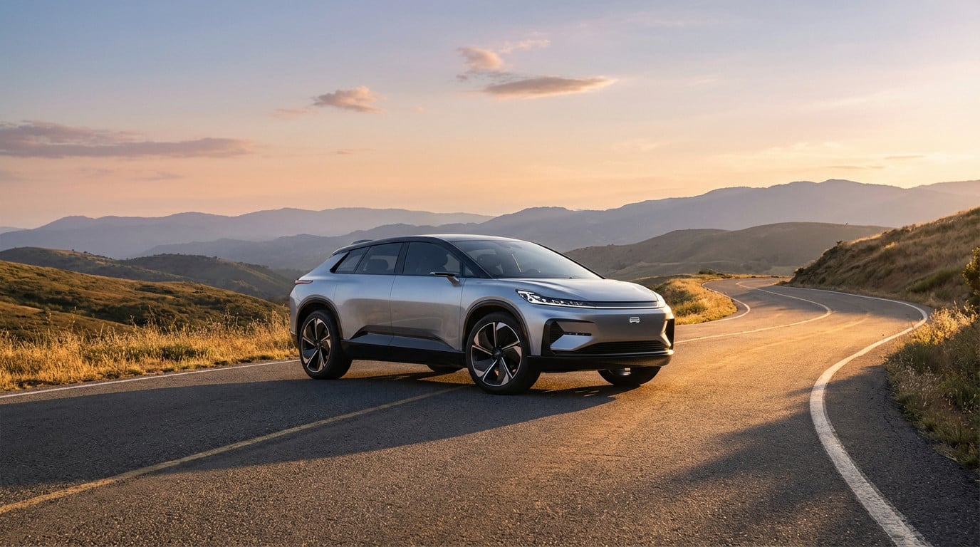 A sleek silver modern crossover on a winding road at golden hour, against rolling hills and a vibrant sunset sky.
