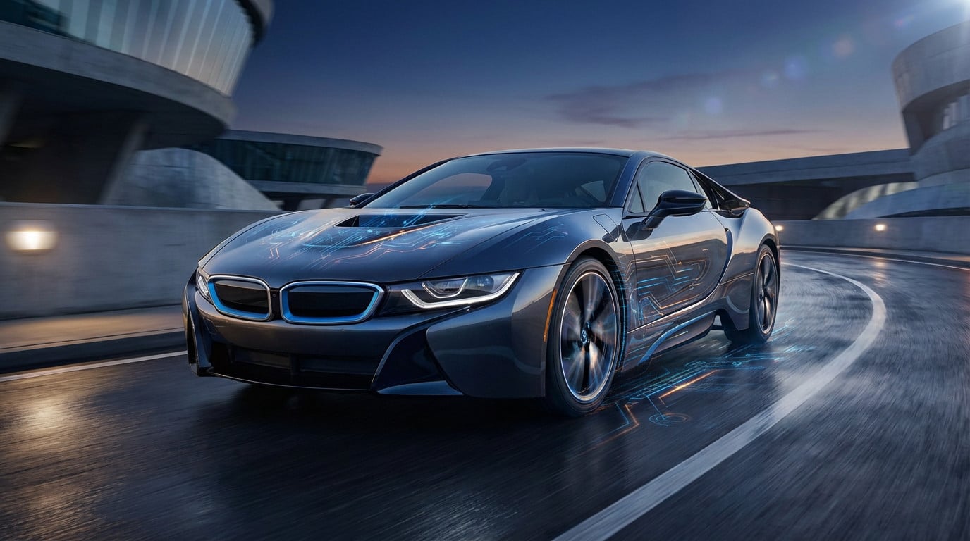 Sleek dark sports car with glowing blue digital lines, speeding on a modern road at twilight. Shows advanced tech and power.