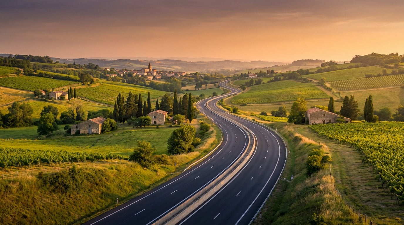 Empty highway winds through lush green French countryside at golden hour, leading to a distant village under a warm, golden sky.