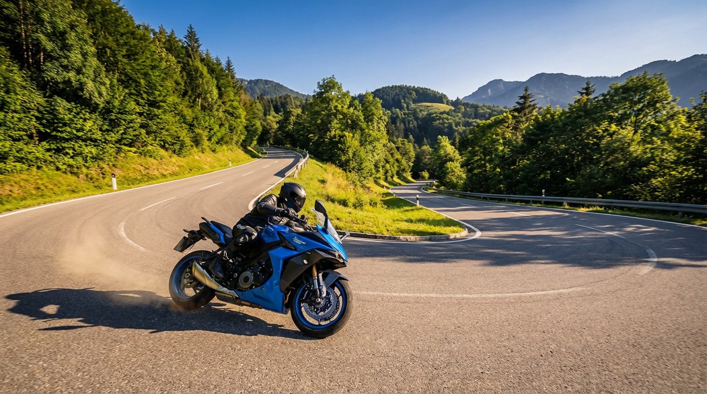 Vibrant blue motorcycle and rider in full gear leaning into a sharp, paved mountain road curve at golden hour, winding landscape.