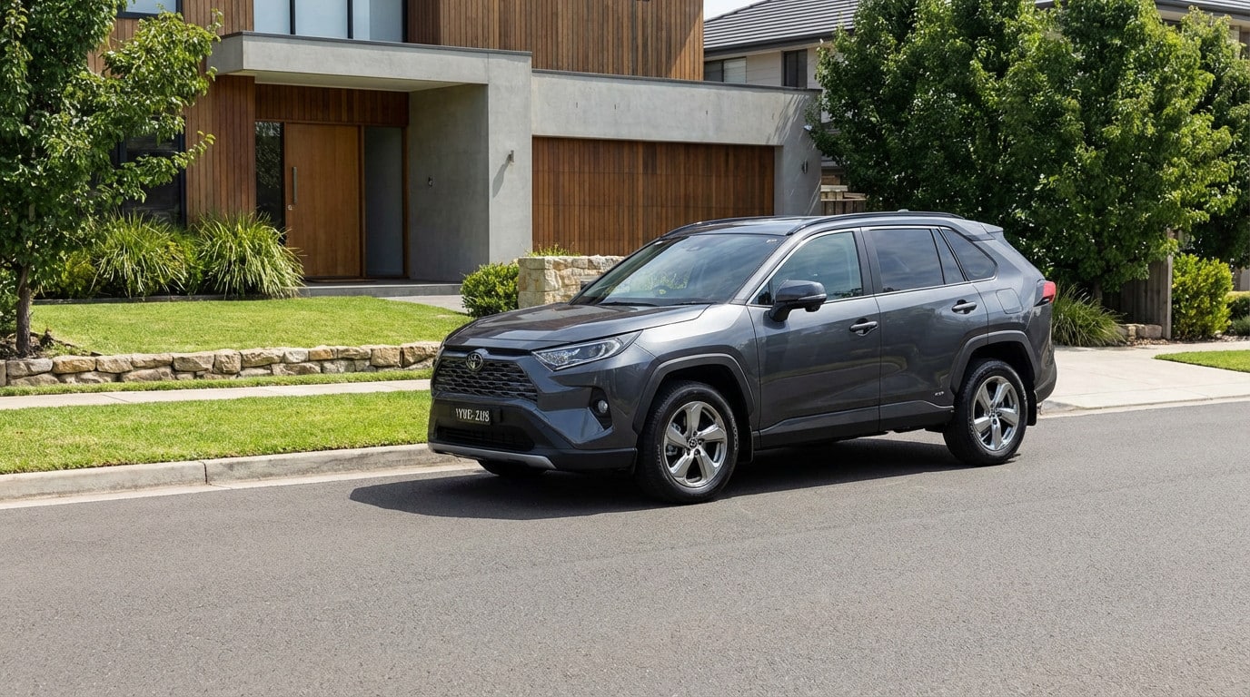 A dark grey SUV is parked on an asphalt road in front of a modern house with wood and concrete accents on a sunny day. A concrete curb separates the road from a neatly kept grass lawn.