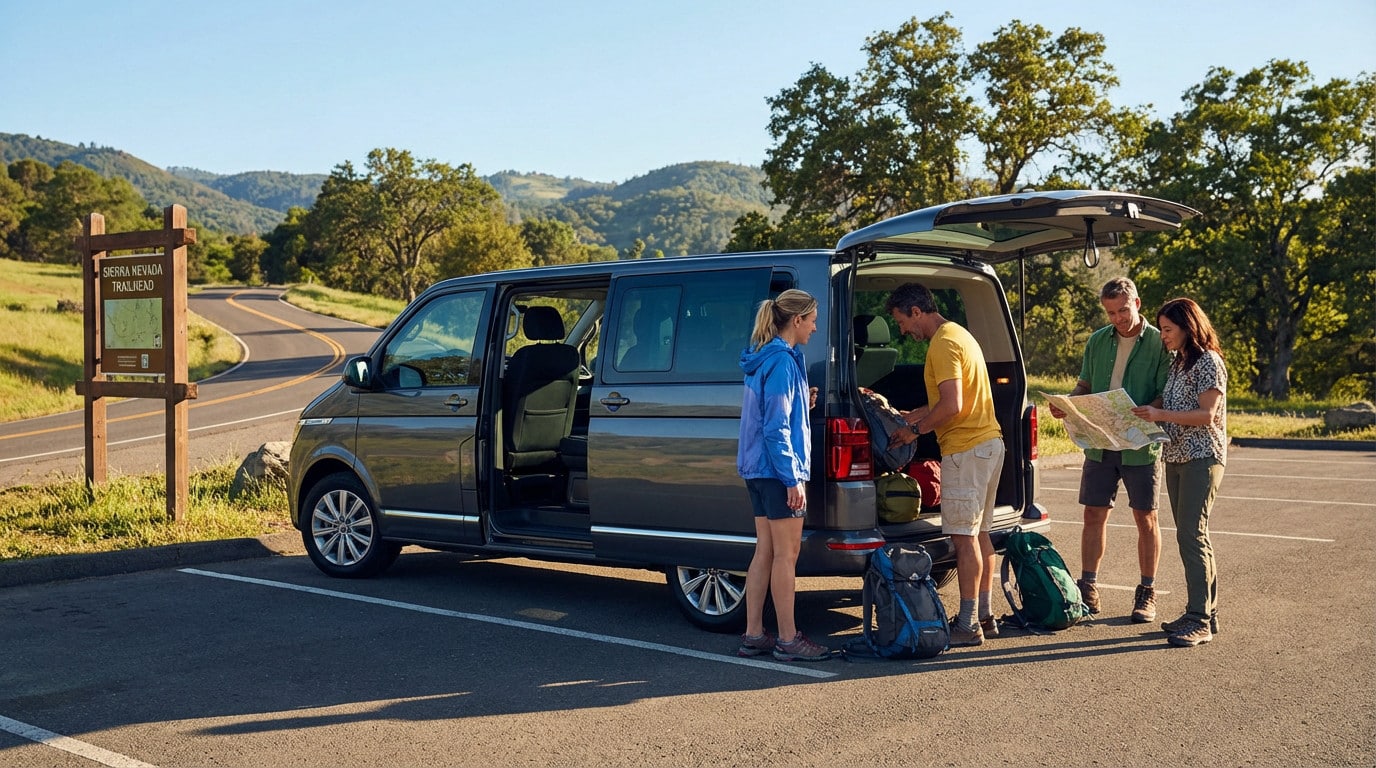 A group of four travelers loads luggage into a grey minibus at a sunny Sierra Nevada trailhead parking lot, while two check a map.