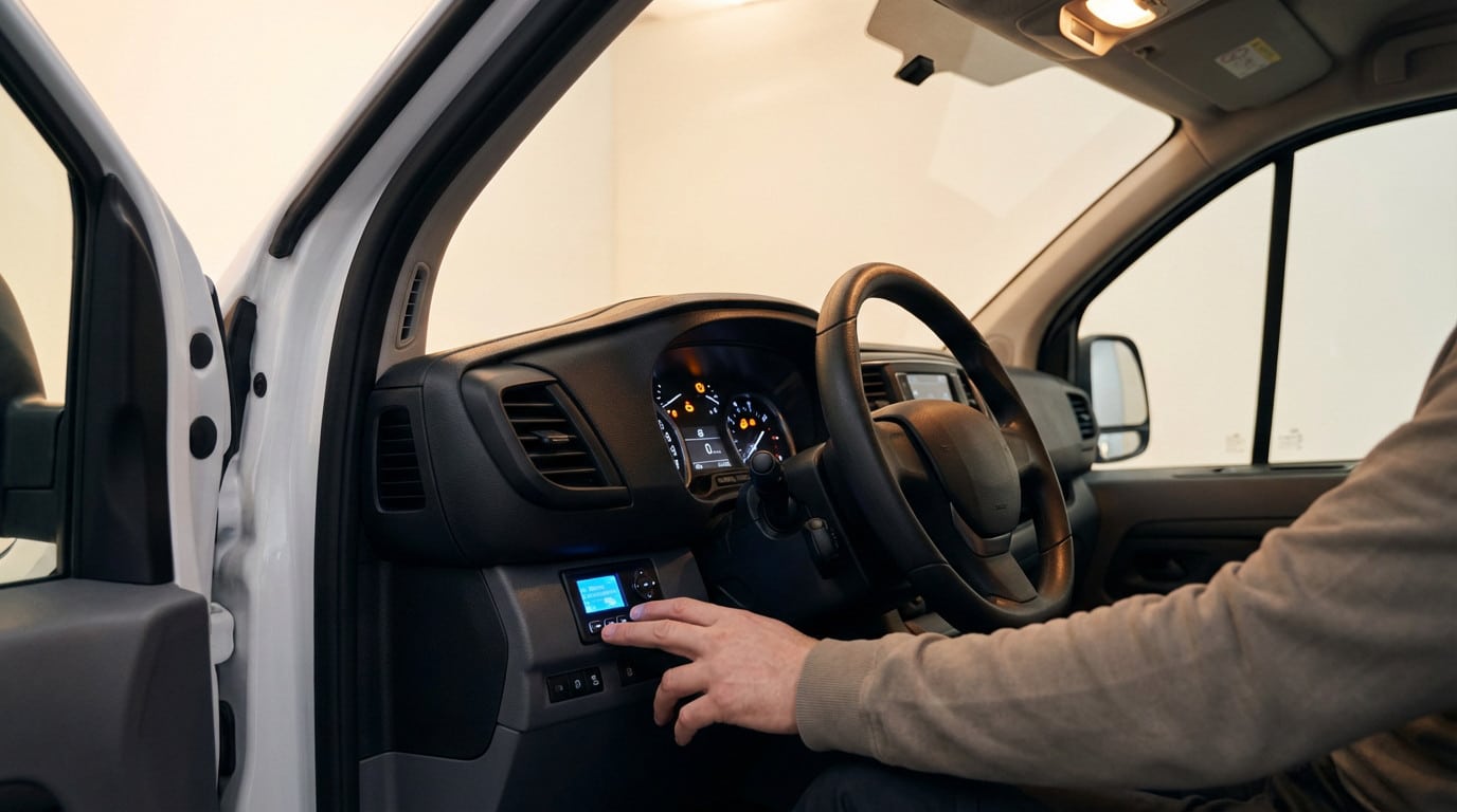 A person's hand interacts with a diagnostic screen on a modern utility van dashboard, where several orange warning lights are illuminated on the instrument cluster.