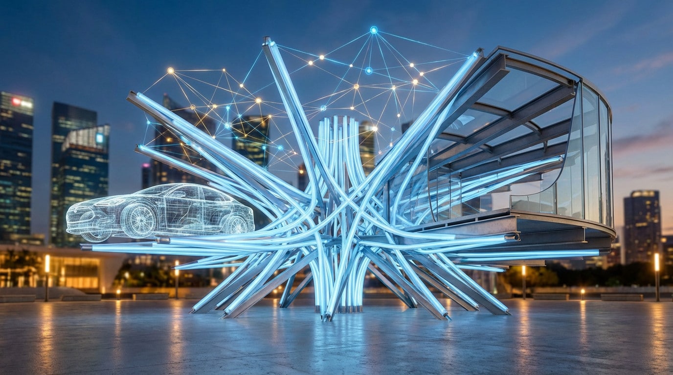 Abstract glowing blue framework connecting a wireframe car, a modern building section, and a network of glowing nodes, set against a twilight city.