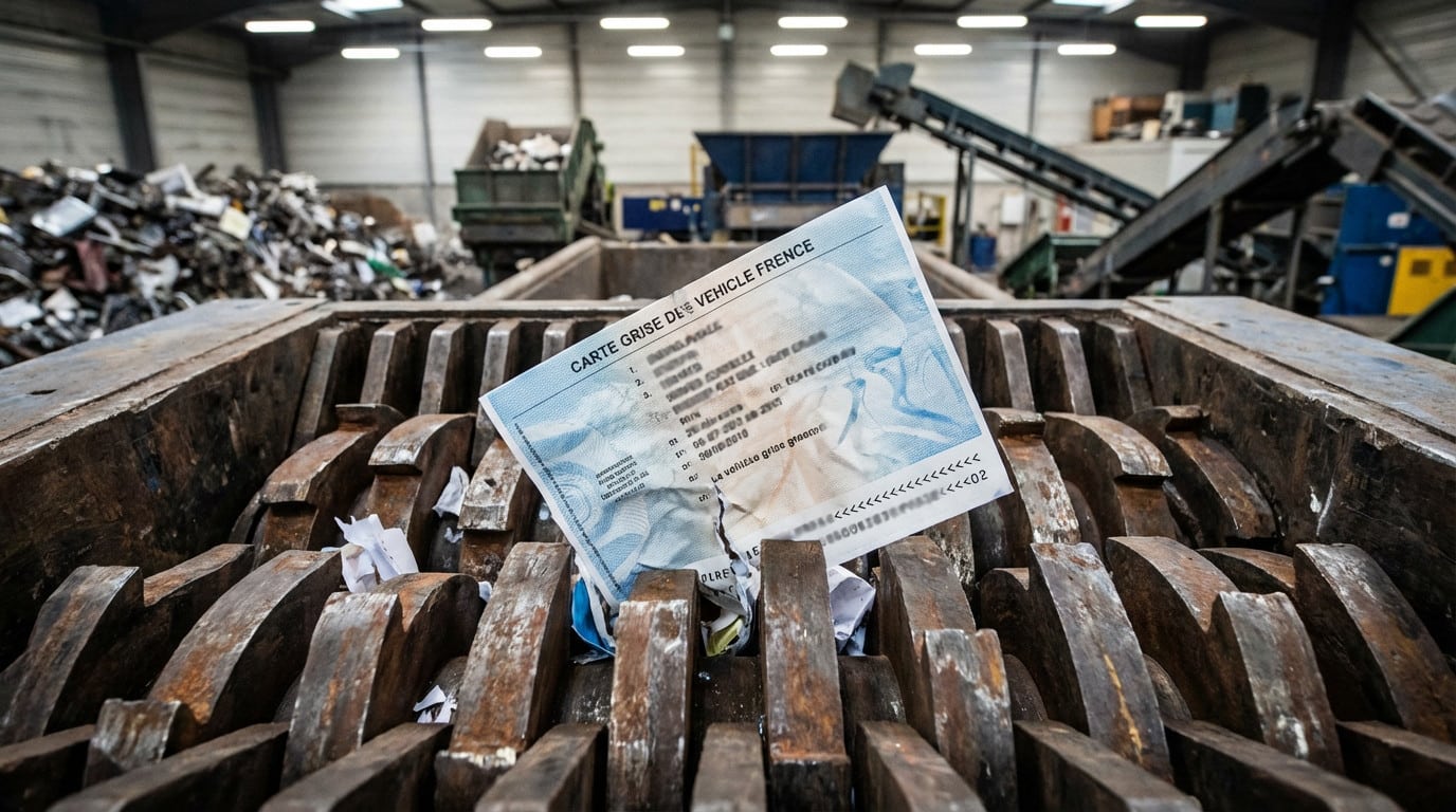 Carte grise française détruite par un broyeur industriel, symbolisant la fin de vie d'un véhicule dans un centre VHU.