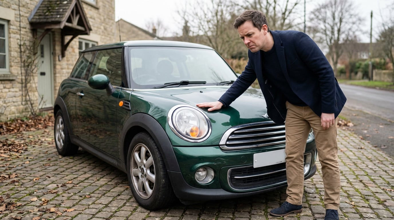 A thoughtful man in smart casual attire inspects a green Mini Cooper R56 on a cobblestone driveway, hand on hood.