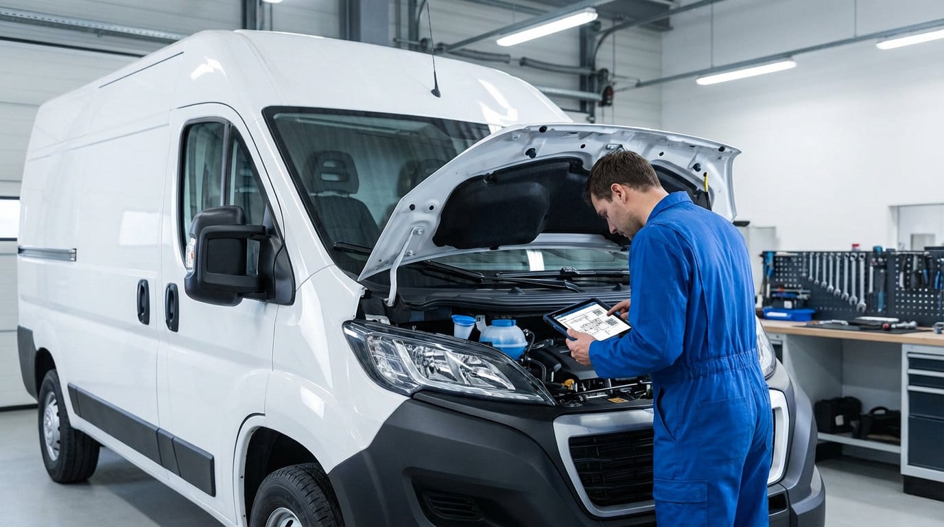 A mechanic in blue overalls uses a diagnostic tablet while inspecting the open engine bay of a white delivery van in a clean garage.