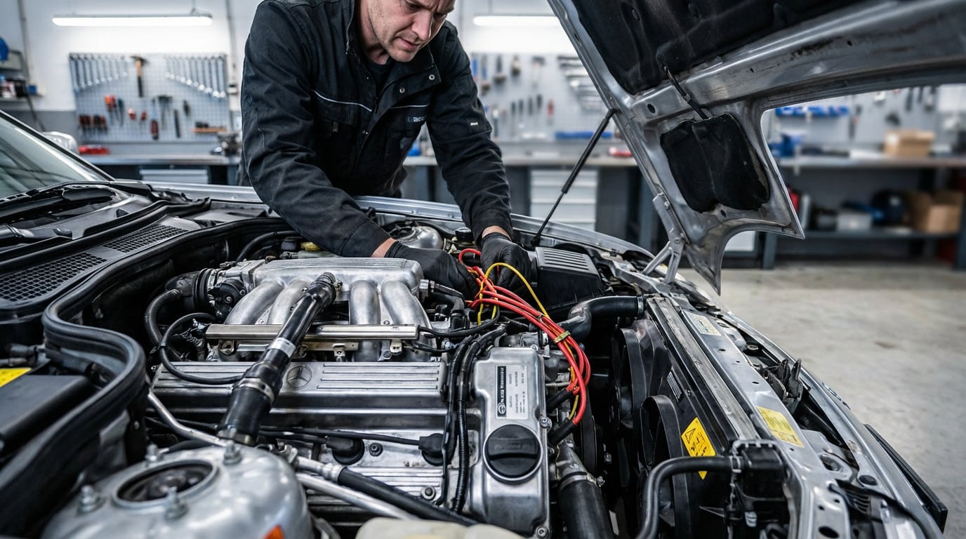 A mechanic in black gloves and work clothes leans over a car engine, intently inspecting wires in a well-lit garage.