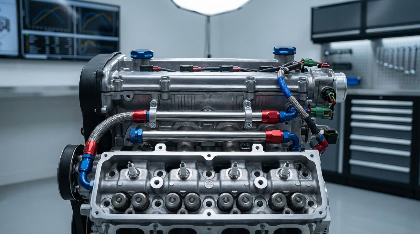 Close-up of a meticulously detailed, modern 1.6-liter car engine with polished metallic components, vibrant blue/red accents, in a blurred high-tech workshop.
