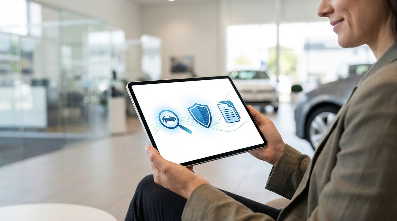 Woman holds tablet displaying digital car history check icons (magnifying glass, shield, document) in a modern car dealership.