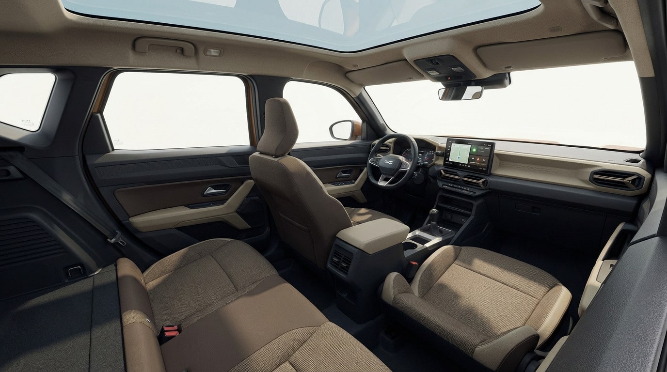 A bright, elevated view of the Dacia Bigster's spacious interior, featuring a modern dashboard, digital screen, and earthy tones.