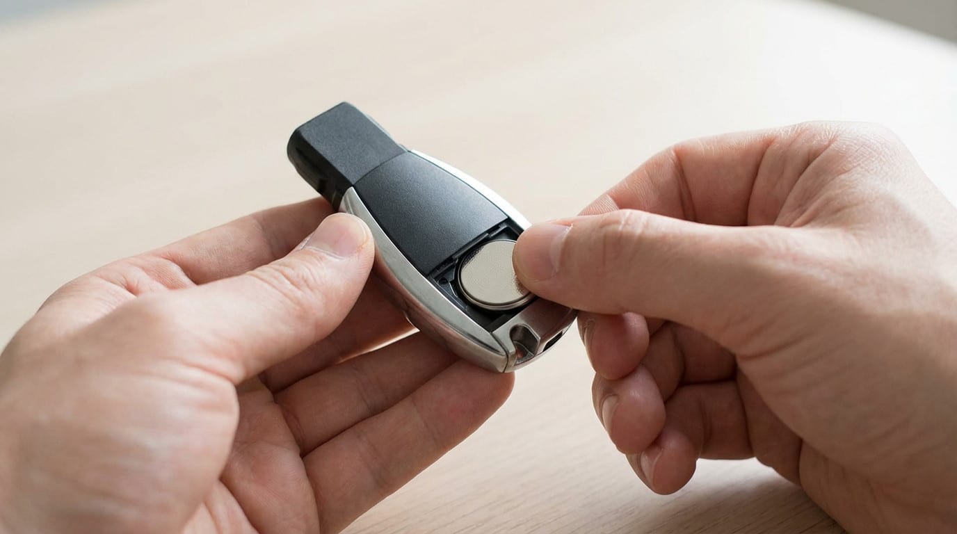Hands gently inserting a silver coin battery into a sleek, generic car key's open compartment on a blurred light surface.