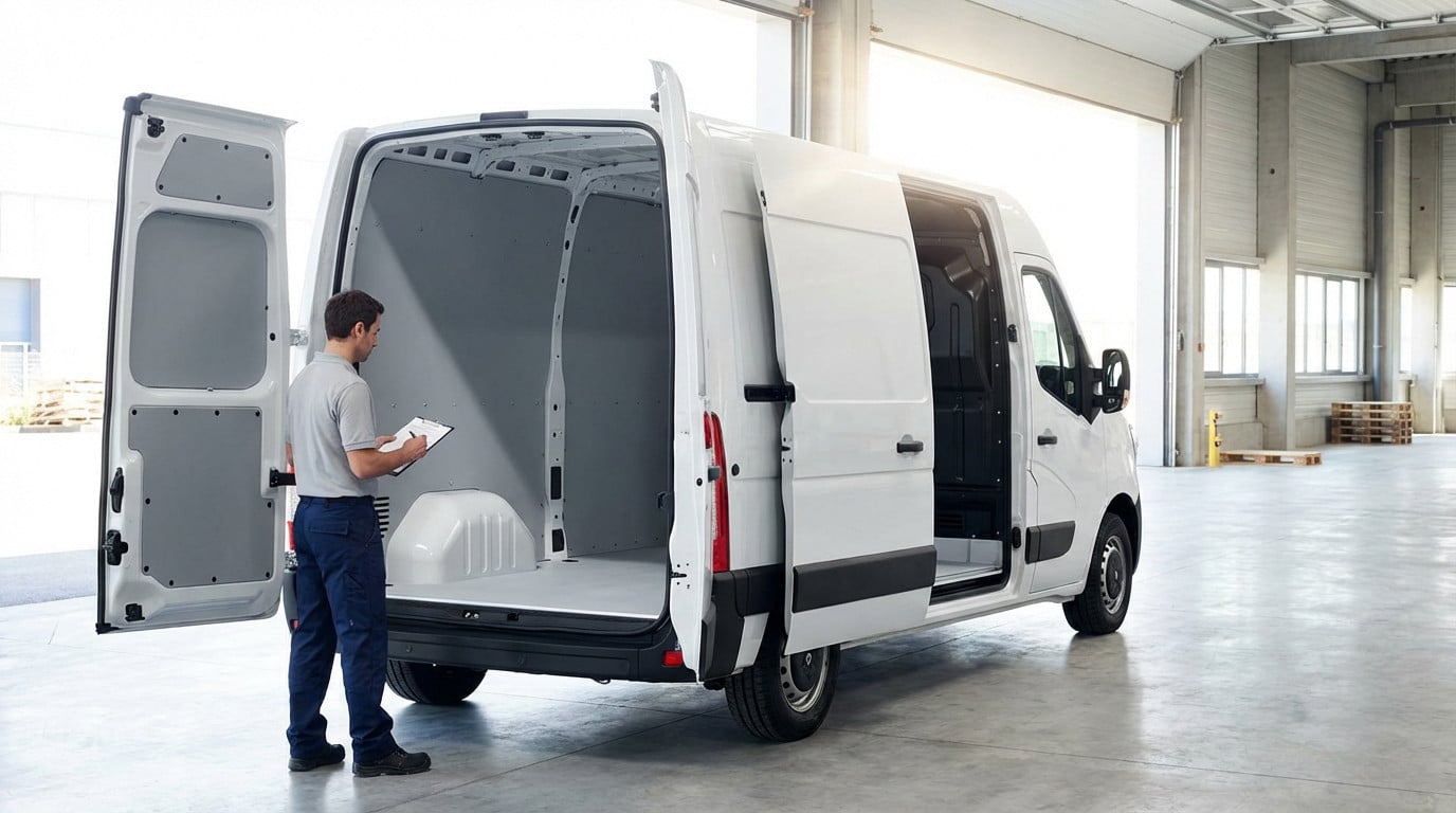 White commercial van with open rear and side doors, revealing a clean, empty interior. A worker with a clipboard inspects the cargo space in a well-lit warehouse.