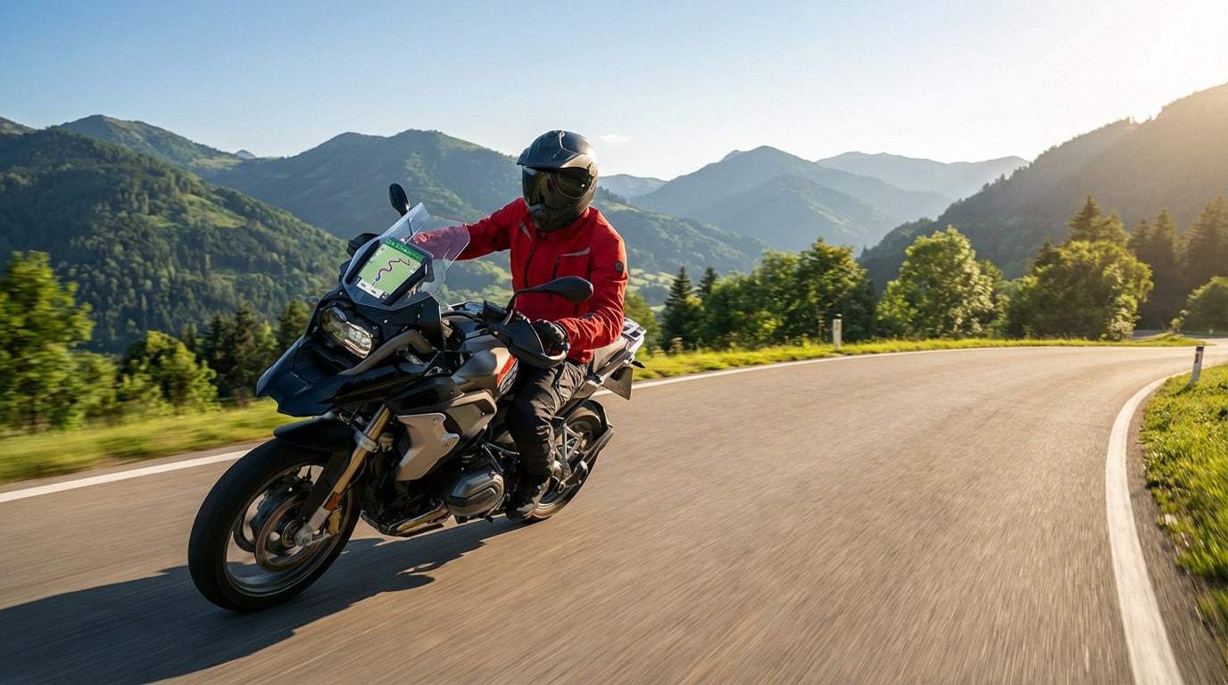 A motorcycle rider in red jacket and dark helmet rides a touring bike on a winding mountain road. GPS shows a curvy route amidst green mountains under a bright sky.