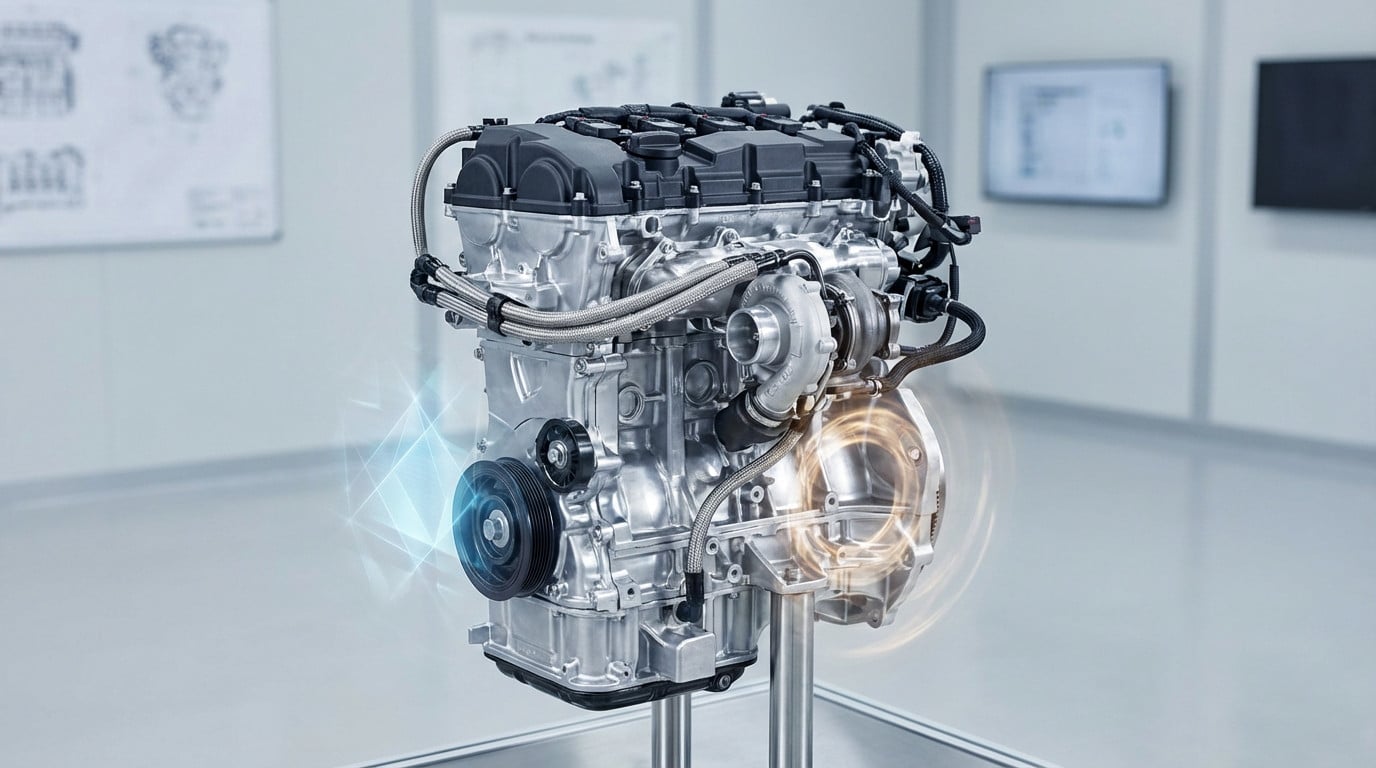 High-res image of a modern 1.3L turbocharged four-cylinder engine on display, featuring intricate metallic parts and symbolic design overlays.
