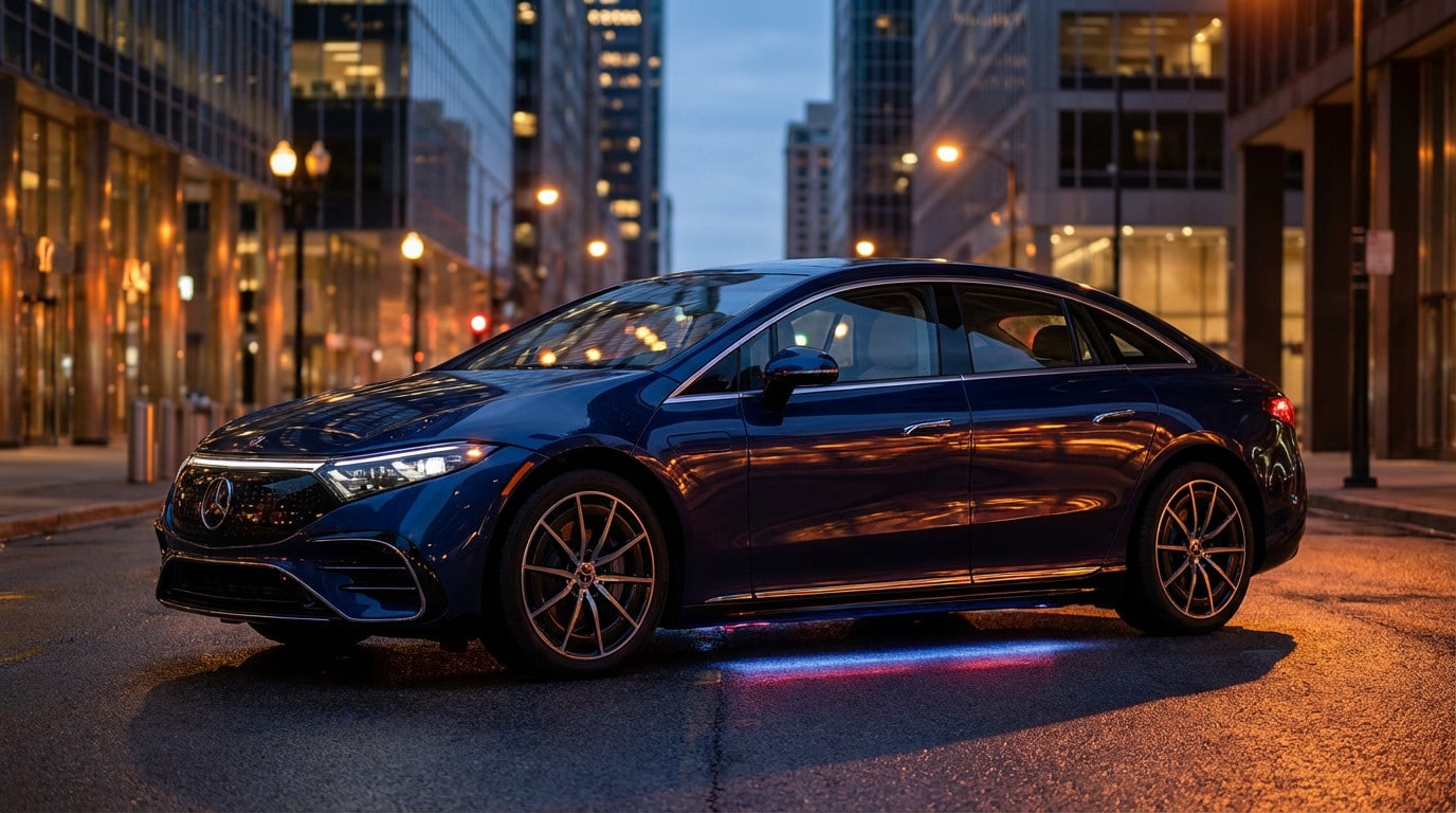 A sleek, dark blue sedan parked on a wet urban street at night, with a blue and red underglow. Blurred city lights and buildings in background.