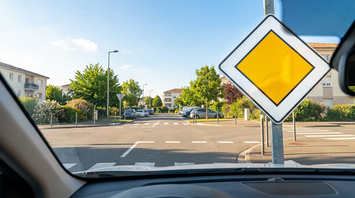 Panneau routier français AB6 (priorité) jaune et blanc, vu de l'intérieur d'une voiture, à une intersection urbaine ensoleillée.